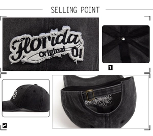 Close-up of Florida embroidery, internal stitching and metal buckle on washed cotton cap