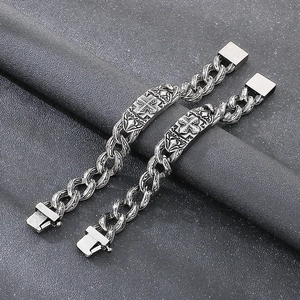 Retro titanium steel chain bracelets featuring cross pattern shield charms in silver finish
