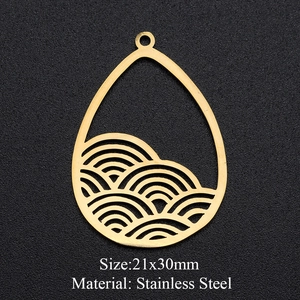 Detail of 21x30mm golden stainless steel teardrop pendant with hollow wave pattern
