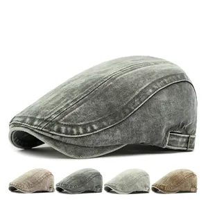 Vintage Washed Cotton Flat Cap Retro Herringbone Pattern Ivy Hat Adjustable Metal Buckle Casual Sun Protection Men
