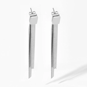 Long silver snake chain fringe earrings with minimalist square stud design for women