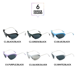 Matrix display showing six colors of Y2K sport sunglasses with metal temples