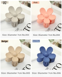 Detail of 7cm matte flower hair claws in light grey, pink, nude, and deep blue colors
