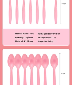 Détail de l'ensemble fourchette et cuillère en plastique rose de 14,6 cm pour fête