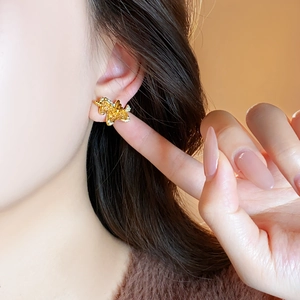 Gros plan de boucles d'oreilles cheval plaquées or 18 carats avec cristaux de zircon