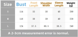Size chart for women's loose polo knit sweater with measurements for S, M, and L sizes
