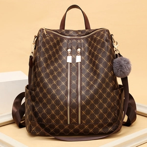 Women's Fashion Backpack Monogram Pattern Synthetic Leather Anti-Theft Travel Rucksack With Fur Ball Charm Retro Style