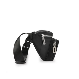 Side view of black waterproof nylon waist bag with silver zippers and adjustable strap