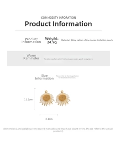 Size chart for Bohemian woven sunflower earrings with dimensions and material details