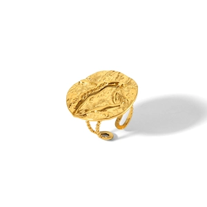 Detail of 18K gold-plated ring showing irregular hammered texture and double row bead band