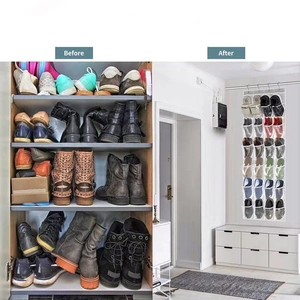Before and after comparison of 24-pocket over-the-door shoe organizer for space saving