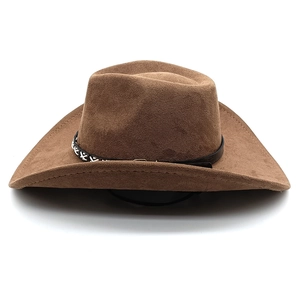 Front view of brown suede cowboy hat with white stitched black decorative band