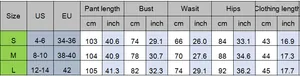 Size chart for sleeveless tight top and long pants set with US and EU measurements