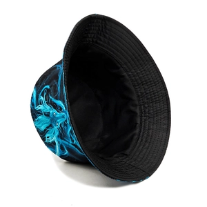 Black bucket hat with a striking blue dragon print design for outdoor sun protection