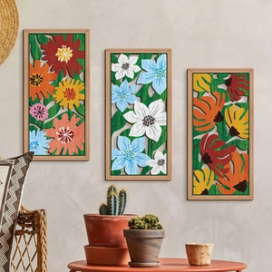 Set of three wooden floral geometric wall art panels for boho living room decoration