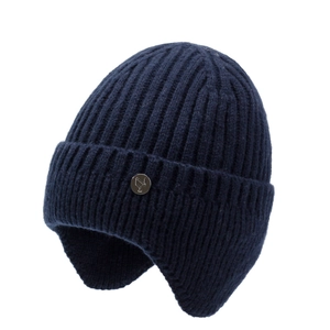 Navy blue winter cable-knit trapper hat with warm thermal lining and metal logo