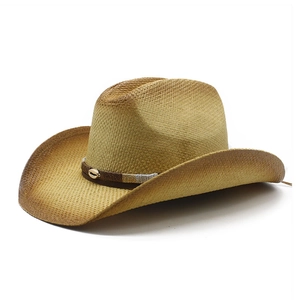 Gradient brown straw cowboy hat with metallic shell buckle accent for outdoor wear