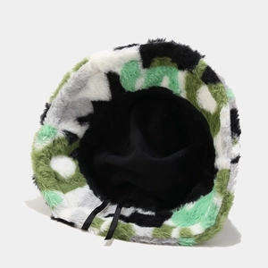 Camo faux rabbit fur bucket hat with warm plush material and adjustable inner strap