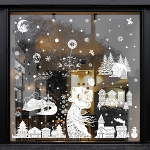 Autocollants Statiques Fenêtre Noël PVC Père Noël Bonhomme Neige Maison Neige Flocon Renne Décor Silhouette Blanche