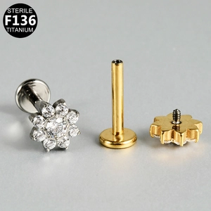 G23 titanium internally threaded labret stud with crystal flower top and flat back