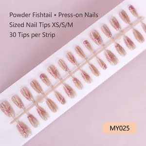 Pink gradient cat-eye press-on nails with glitter mermaid tail design and 30 pieces layout