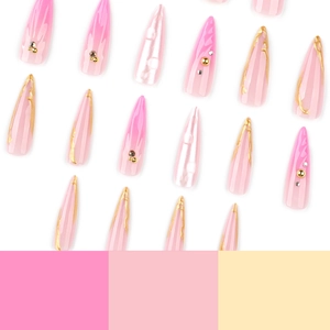 3D shell pink gradient stiletto press on nails with gold foil and rhinestone accents