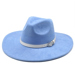Classic light blue wide brim fedora hat with white belt strap and silver metal buckle detail