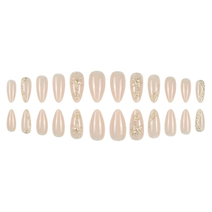Sweet almond press-on nails with 3D gold embossed floral designs on champagne base