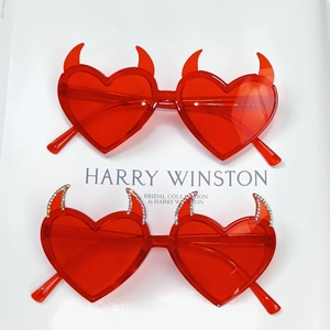 Heart Shaped Devil Horn Sunglasses Rhinestone Red Transparent Party Eyewear UV400 AC Lens PC Frame