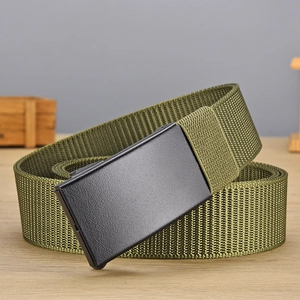 Army green breathable nylon tactical belt with black matte automatic buckle on wood