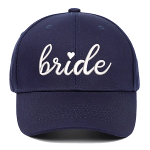 Navy blue baseball cap with white bride embroidery and heart detail for bridal parties