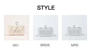 Three bridal clutch bags featuring rhinestone I Do, BRIDE and MRS letters with ring clasp