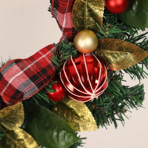 Luminous Christmas wreath with red plaid bow, pine needles and colorful PVC ornaments