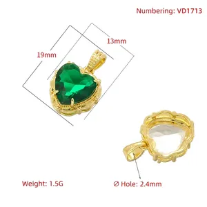 Luxury copper heart pendant with large emerald green gemstone and gold plating finish