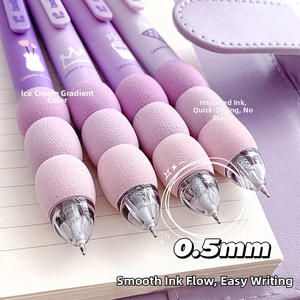 Close-up of a 0.5mm retractable gel pen with soft sponge grip and purple gradient design