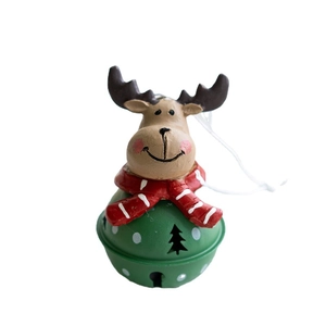 Christmas reindeer resin hanging ornament with a green metal bell and festive patterns