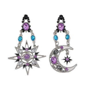 Baroque asymmetrical star and moon long earrings with purple and blue crystals