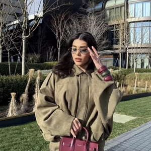 Veste Femme Daim Synthétique Revers Fermeture Éclair Oversized Manches Lanternes Baseball Outwear Court Automne Streetwear Ample