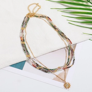 Layered Beaded Necklace Natural Stone Copper Gold Plated Sun Evil Eye Pendant Bohemian Jewelry For Women Handmade