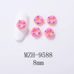 8mm pink resin donut 3D nail art charm with colorful dots and heart details