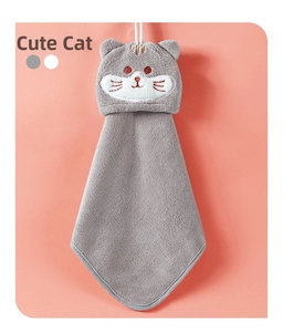 Close-up of a grey coral fleece hanging hand towel featuring a 3D cartoon cat head design