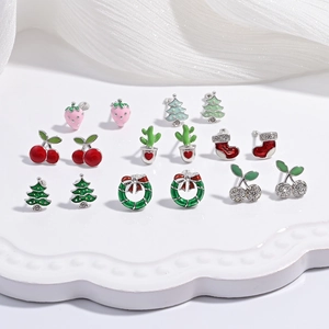 925 Sterling Silver Christmas Tree Fruit Stud Earrings Sweet Red Strawberry Cherry Apple Zirconia Enamel Earrings For Women Jewelry Gift