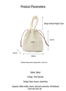 Detailed size specifications of the polka dot wool drawstring tote bag with dimensions