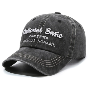 Vintage washed charcoal baseball cap with National Basic embroidery and curved brim