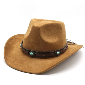 Brown faux suede western cowboy hat with turquoise beads and metallic stud band decoration