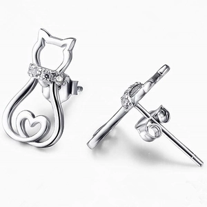 Cat Stud Earrings For Women Cute Hollow Kitten Animal Shape Heart Detail Zircon Inlaid Copper Jewelry Korean Style