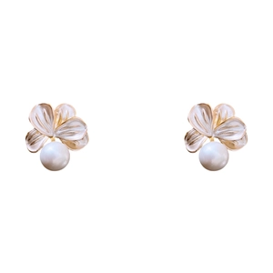 Elegant gold plated flower stud earrings with white pearl drop on a clean white background