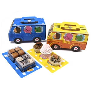 Cartoon bus shaped paper gift boxes in blue and yellow colors with cute animal prints