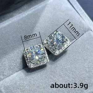 Square halo silver stud earrings with sparkling cubic zirconia stones, size 11mm wide