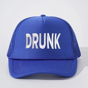 Navy blue trucker hat with white DRUNK embroidery and breathable mesh panel